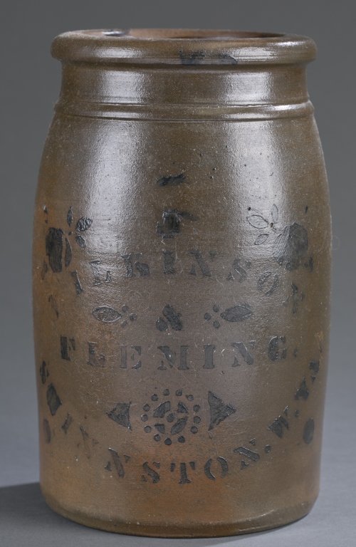 Ca. 1875 West Virginia Stoneware Jar: One-Gallon Cobalt-Decorated Stoneware Jar, Stenciled "WILKINSON & FLEMING / SHINNSTON. W.VA.," cylindrical jar with tooled shoulder and flattened rim, featuring Wilkinson & Fleming maker's stenciling