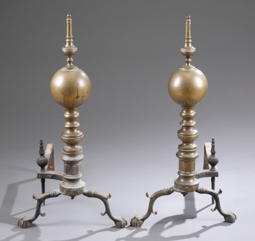 Pair of Federal Style Brass Andirons: Steeple above ball finial, claw and ball feet. 26" H
