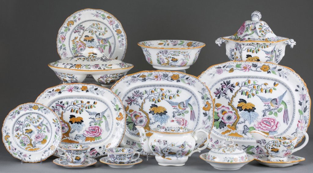 108 pieces of Ashworth Brothers Hanley Ironstone: Oriental Bird and Floral Design, also known as Number 6 pattern and made by Davenport; added color and an ochre rim. Backstamp: Ashworth Bros Hanley England and in script pattern no. B9461. One Royal