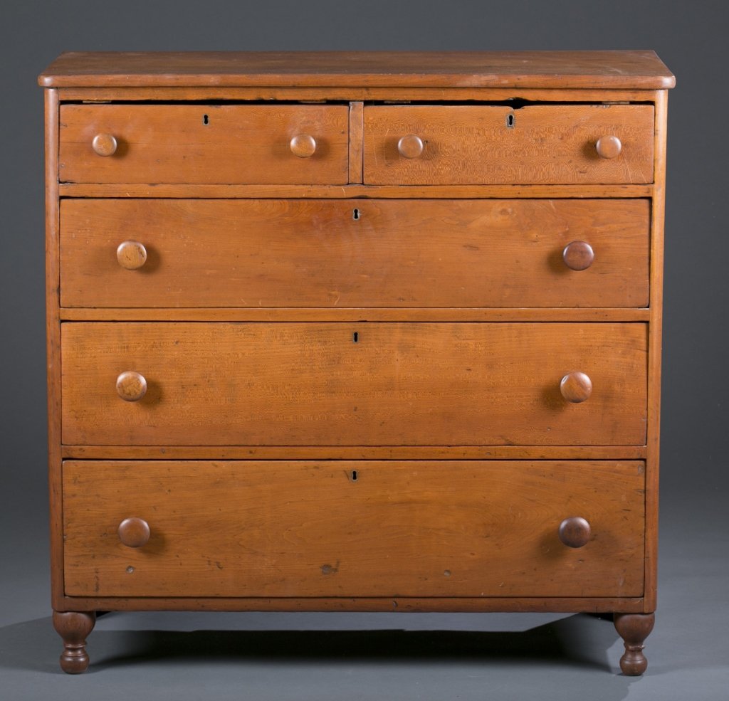 Country Sheraton Chest: Maple with pine secondary. Two over three drawers, turned feet and shaped skirt. 39" H x 39 1/2" L x 18" D