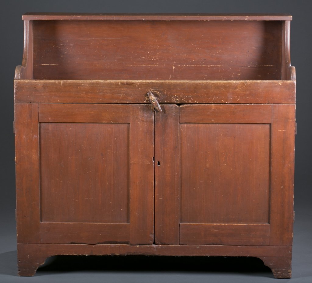 Red Painted Dry Sink: Pine. Paneled cabinet doors open to two-shelf painted interior. 42 1/2" H x 46 1/4" L x 19 1/2" D