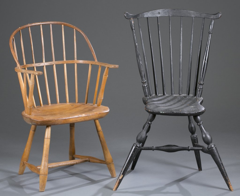 Two 19th c. American Country Chairs: Including a bow back Windsor chair with delicate spindles and bamboo form legs and a painted black chair with mule ears, elongated spindles and turned legs. Windsor chair: 34" H x 21" W x 14 1/2" D Pa
