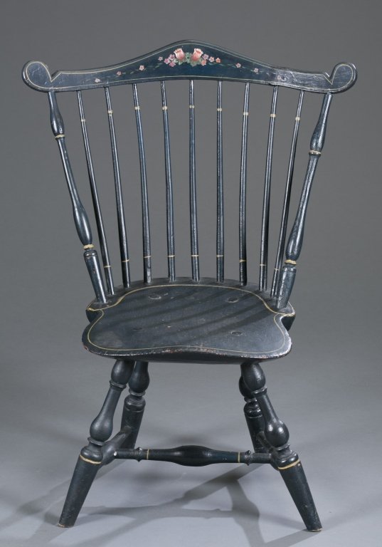 Ca. 1780-1790 Painted Windsor Chair: Curved and decorated crest above nine spindle back. Painted at later date. 33 1/4" H x 25 1/2" W x 17" D