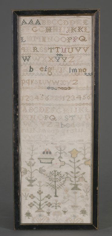 Alphabet Sampler: Period alphabet sampler, unsigned, undated. Framed under glass, not removed for inspection.