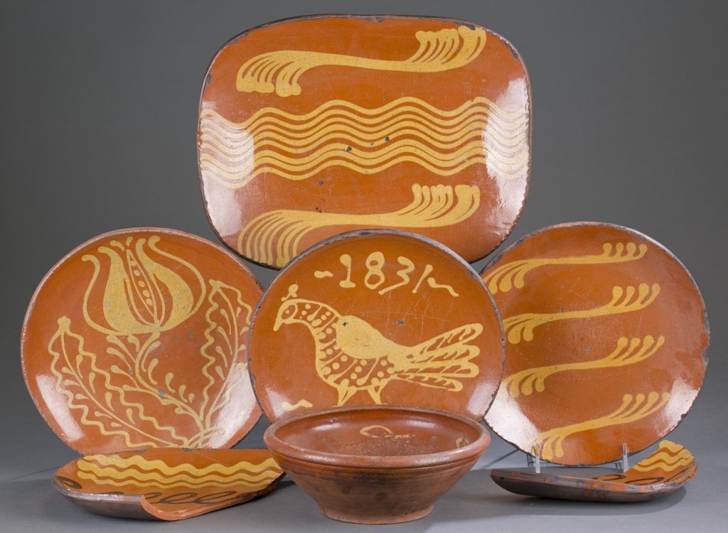 Shooner American Redware: Six pieces of Greg and Mary Shooner American Redware pottery. All pieces are stamped on bottom with "AMERICAN REDWARE/GREG SHOONER/OREGONIA,O" "THIS GLAZE CONTAINS LEAD, NOT FOR FOOD STORAGE OR USE" "