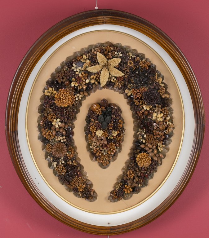Ca. 1890 Victorian Seed Wreath in Shadow Box: Oval frame 27" H x 11 1/2" W