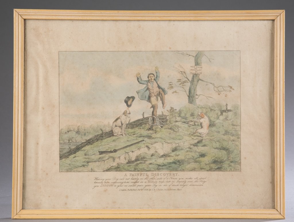 Henry Thomas Alken Hand Colored Sporting Etchings: Four out of seven in the series Published in 1816 by S. and J. Fuller in London. On laid paper. Includes: A Trifling Discovery, A Curious Discovery, A Painful Discovery and A Simple Discovery 7" x 10