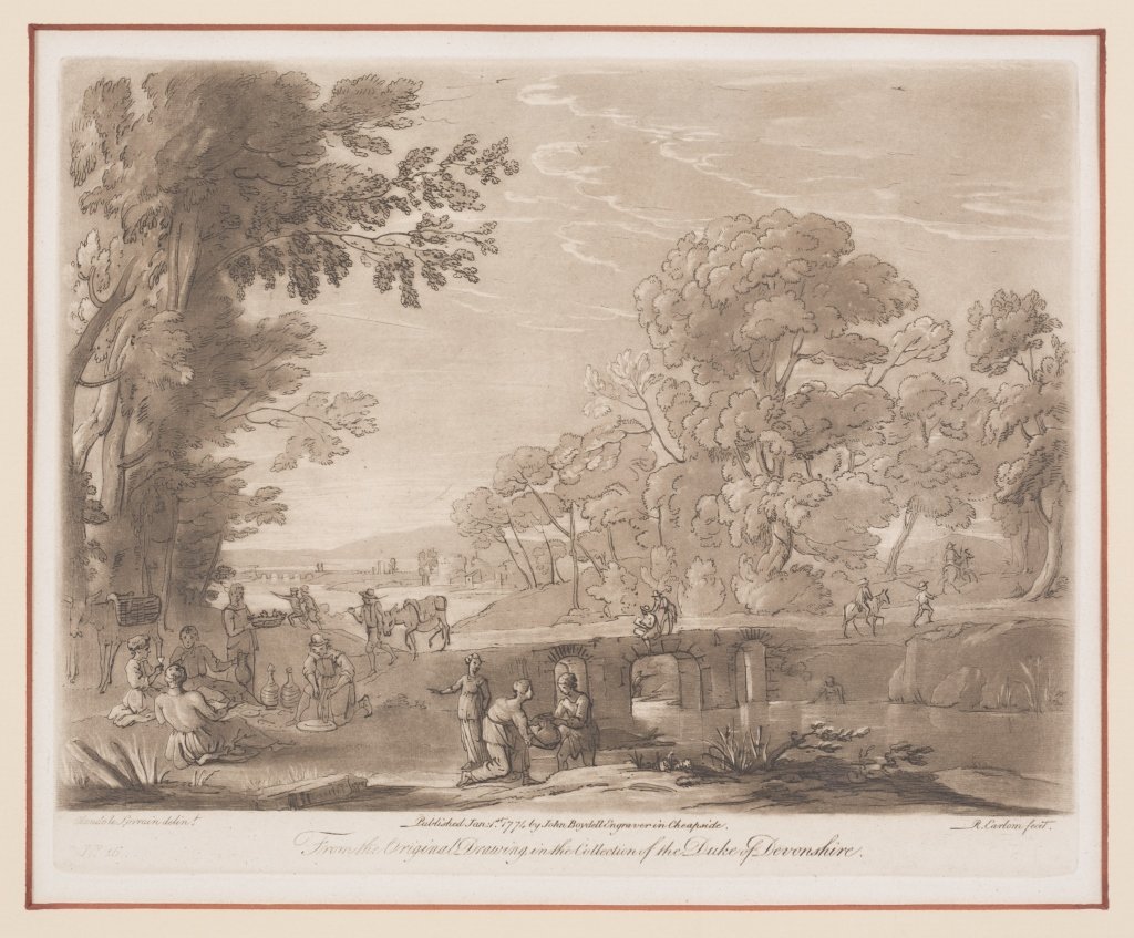 Set of Eight Charles Erlom Sepia Mezzotints: After Claude Lorrain From the Original Drawing in the Collection of the Duke of Devonshire Published 1774 8 3/4" x 10 3/4"; Frame: 14" x 16"