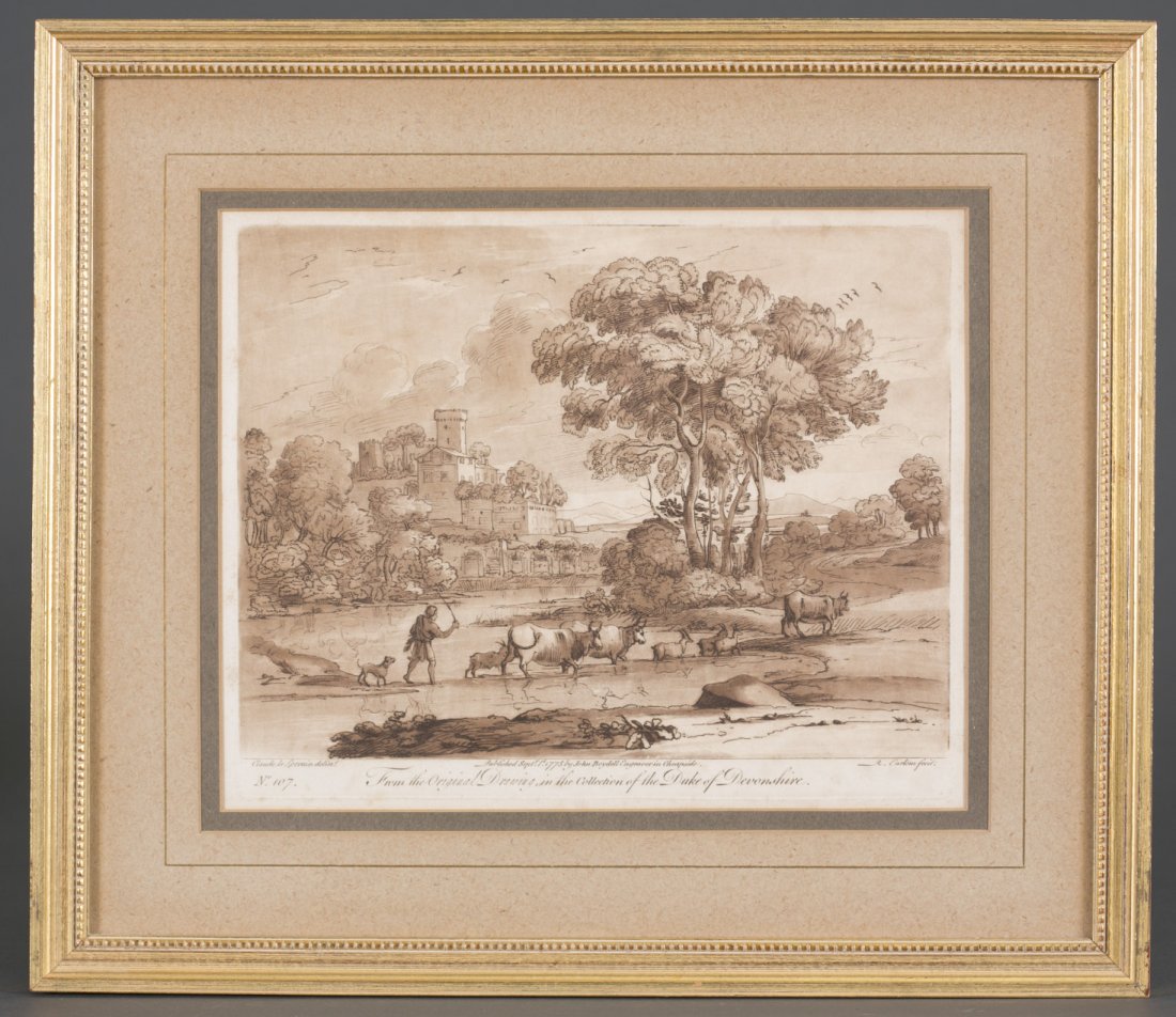 Set of Four Charles Erlom Sepia Mezzotints: After Claude Lorrain From the Original Drawing in the Collection of the Duke of Devonshire Published 1774 8 3/4" x 10 3/4"; Frame: 14" x 16"