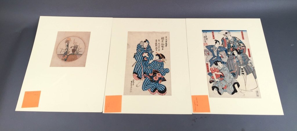 Five Large Japanese Colored Woodblock Prints: After Hokusai Woman with a monkey Toyokuni III Bust of a Man Kunichika Bust of a Man Possibly Kuniyoshi Four Kabuki players Utagawa Sadafusa (active 1825-1850) Man and Woman Largest: 14 1/2" H x 9 1/2