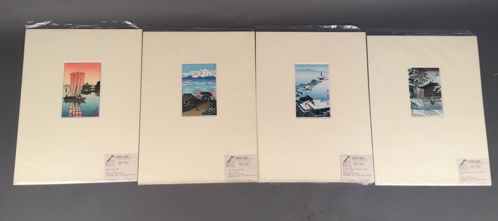 Hasui Kawase (Japanese, 1883-1957): Four 20th c. colored woodblock prints, originally printed in 1930. These editions are posthumous. Published by Watanabe. "Katada Bay, Omi" "Konjiki Pavilion at Hiraizumi in Snow" "Kiyomizu Temple, Kyo