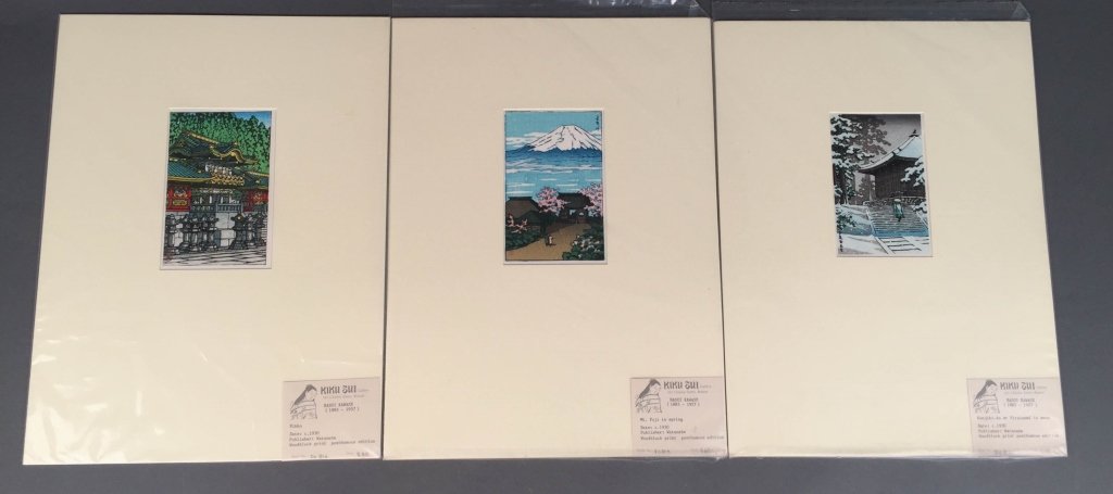 Hasui Kawase (Japanese, 1883-1957): Three 20th c. colored woodblock prints, originally printed in 1930. These editions are posthumous. Published by Watanabe. "Nikko" "Mt. Fuji in Spring" "Konjiki-do at Hiraizumi in Snow" 5 3/4" H x 3 3/