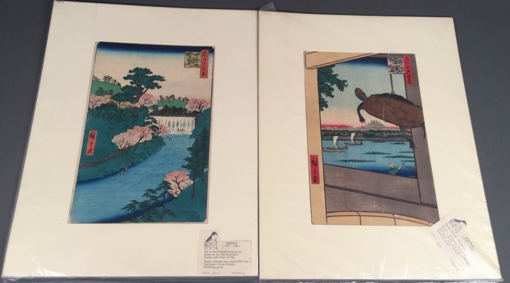 Hiroshige (Japanese, 1797-1858): Two ca. 1857 colored woodblock prints, published by Uo-ya Eikichi, from the series, "100 Views of Edo" Dam on the Otonashi River at Oji, also known as The Big Waterfall Aratame seal (1857 Feb) 13 1/2"