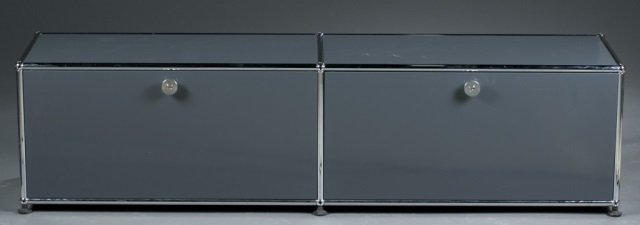 USM Haller 3x2 Shelving & Cabinet System.: A 3x2 shelving cabinet system designed by Fritz Haller for USM Haller in Switzerland. 1960s. Chromed tubular steel frame with powder coated steel panels in Anthracite gray. Bottom shelf constructed an