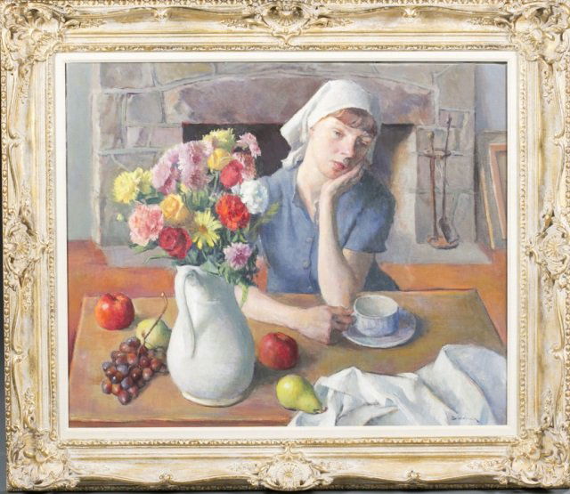 Robert Brackman (Ukrainian/American, 1898-1980): "Reverie" oil on canvas. Possible date 1961 penned on verso of stretcher. Signed lower right corner and on verso. Exhibited during the Brackman Exhibition at Madison Art Gallery, Madison, CT. 25" H x
