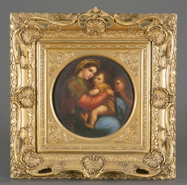After Raphael (Italian, 1483-1520): "The Madonna della Sedia." Oil on oak board. Undated, unsigned. 11" H x 11" L; frame 23" H x 21 3/4" L. Minor losses to the gilt in the frame.