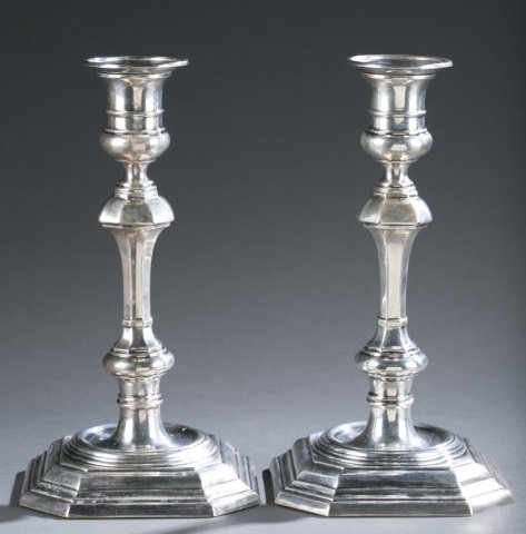 Pair of Sheffield Candlesticks c.1890: Weighted sterling silver candlesticks by Harry Atkins of Atkins Brothers; retail by James Robinson. Stamped "HA" crown, lion and "P" on side of base. Stamped "HA" with crown on bottom and "JAMES ROBNS