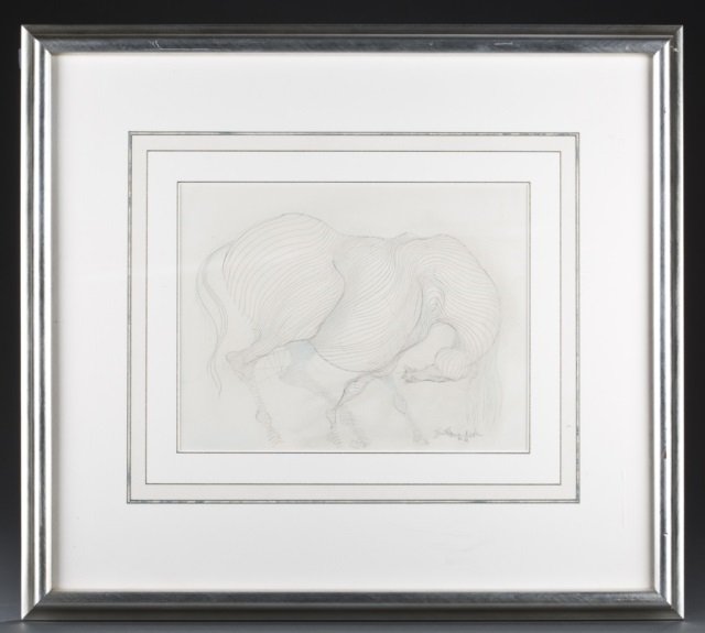Guillaume A. Azoulay (Morocco, b. 1949).: Original pencil and crayon on paper work of a horse. Signed and dated 1982 lower right corner. 10" x 13; Frame, 22 1/2" x 25".