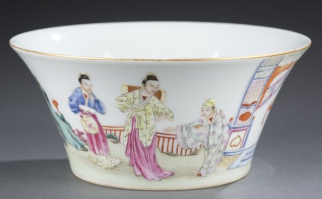 Chinese Porcelain Famille Rose Horse Hoof Bowl.: Hand-painted and decorated with scholars. Marked on base. 3" H x 7" Diam. Wear from age and use.