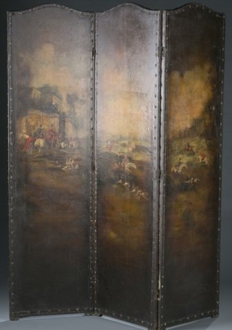 19th c. Painted Leather Three-Panel Screen. (1 of 5)