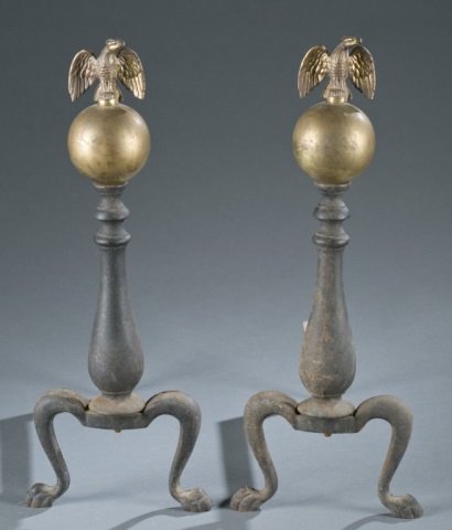 19th/20th c. Eagle Finial Brass & Cast Andirons. (1 of 5)