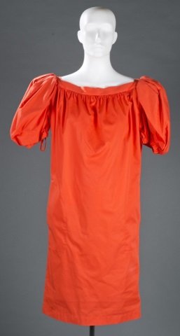 Yves Saint Laurent Red Cotton Dress, c.1980s.: An Yves Saint Laurent red cotton dress, c.1980s. With gold colored buttons on back. Women's size 40. Minor wear from age & use.