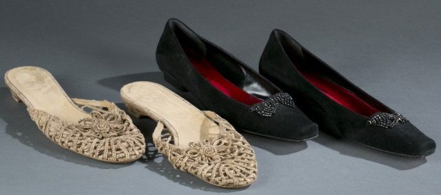 Two Pairs of Vintage Women's Shoes.: Two pairs of vintage women's shoes. ++ A pair of Sonia Rykiel black suede loafers with beads, women's size 39B. ++ A pair of Stuart Weitzman tan Cellini woven mules, women's size 8 1/2M. Wear from age