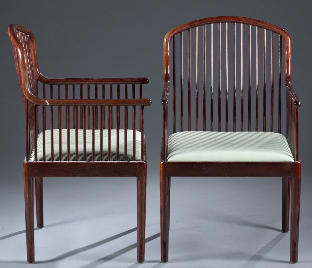 Set of Six Davis Allen Rosewood Andover Armchairs.: Designed for Stendig, made in Italy. Contoured spindle frames with upholstered seats. 36" x 21" x 19." Wear commensurate with age.