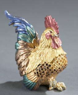 Enameled & Jeweled Rooster Box.: An enameled & jeweled rooster box, unmarked. Polychrome with crystals & painted gold trim. 3."