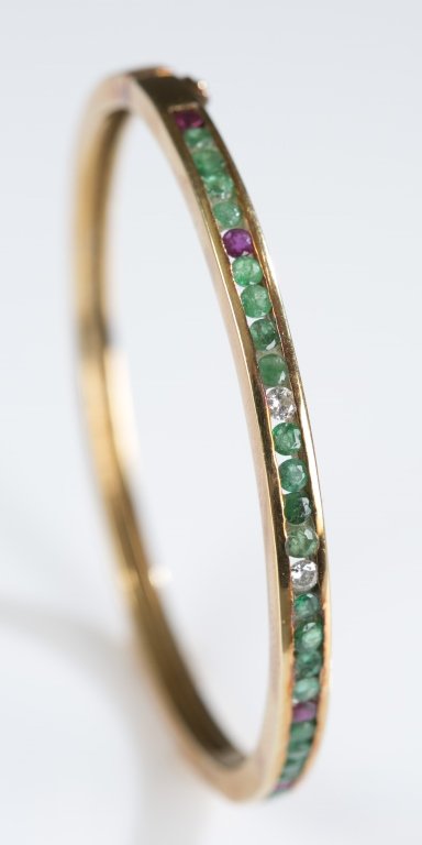 Diamond, Ruby & Emerald 14K Gold Hinged Bangle. (1 of 3)