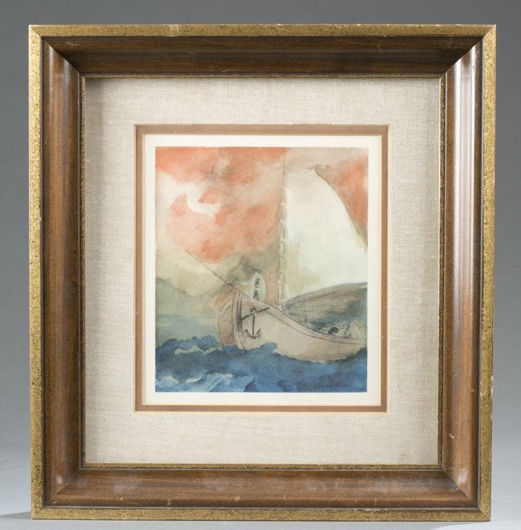 Odilon Redon (France, 1840-1916).: Untitled ship scene. Drawing with watercolor on woven paper, signed lower right. 8 3/8" x 7 3/8" ; 15 1/4" x 14 1/4." Mat glued to paper.