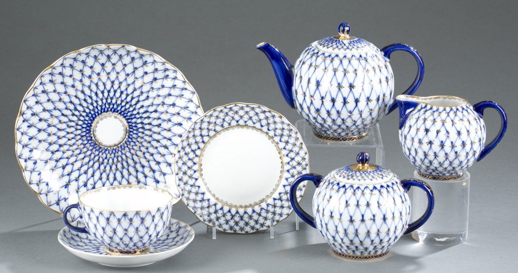 Lomonosov Porcelain Cobalt Net Tea Service. (1 of 8)