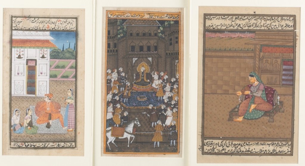 Six 20th c. Mughal School Miniature Paintings.: Hand-painted on page of manuscript. Lady enjoying playing drum.++Nobleman & servants.++King & servants on animated elephant.++Men gathered for wine & talk.++Going out with an elephant.++Noblemen hunti