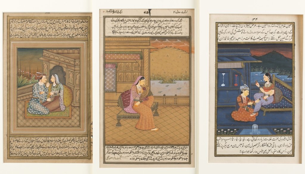 Six 20th c. Mughal School Miniature Paintings.: Hand-painted on page of manuscript. Beauty with Bird.++Girl Pouring Wine.++Lady Playing Drum Under Thunderlight.++Noble Couple enjoying themselves on the Balcony.++Noble Lovers looking at Evening Sky.