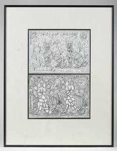 Johann Garber (Scandinavian, b.1947): Katzen". 1992 ++ "2 Katzen". 1990. Ink on paper. Both signed along bottom. Note on reverse reads "Jon Garber Scandinavian Mental Patient." 11 3/4" x 8 1/2." Frame: 19 1/2" x 15.