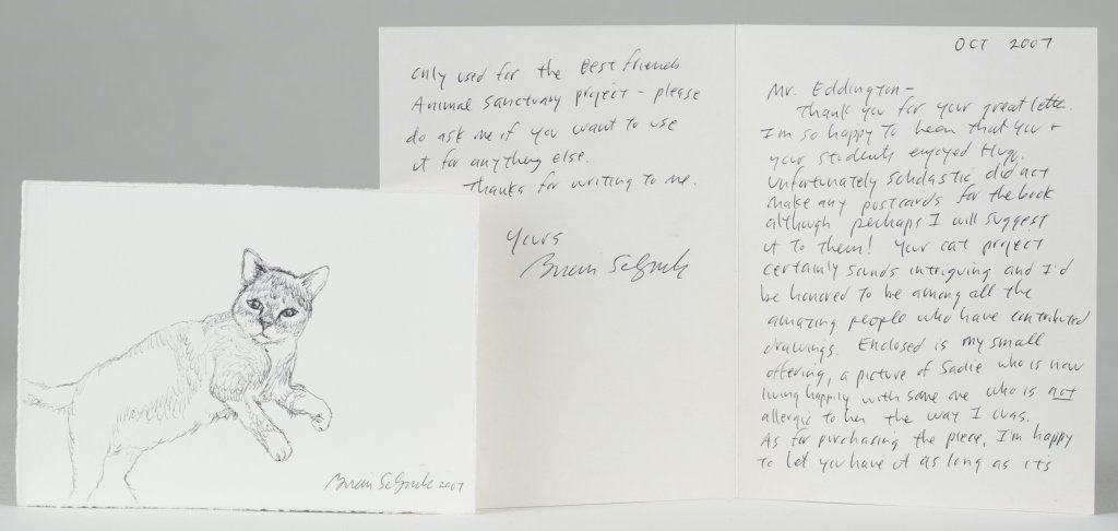 Brian Selznick Letter & Cat Sketch.: Cat sketch, 2007. Ink on paper. Signed l.r. 4" x 6". To include personal note to Eddington.