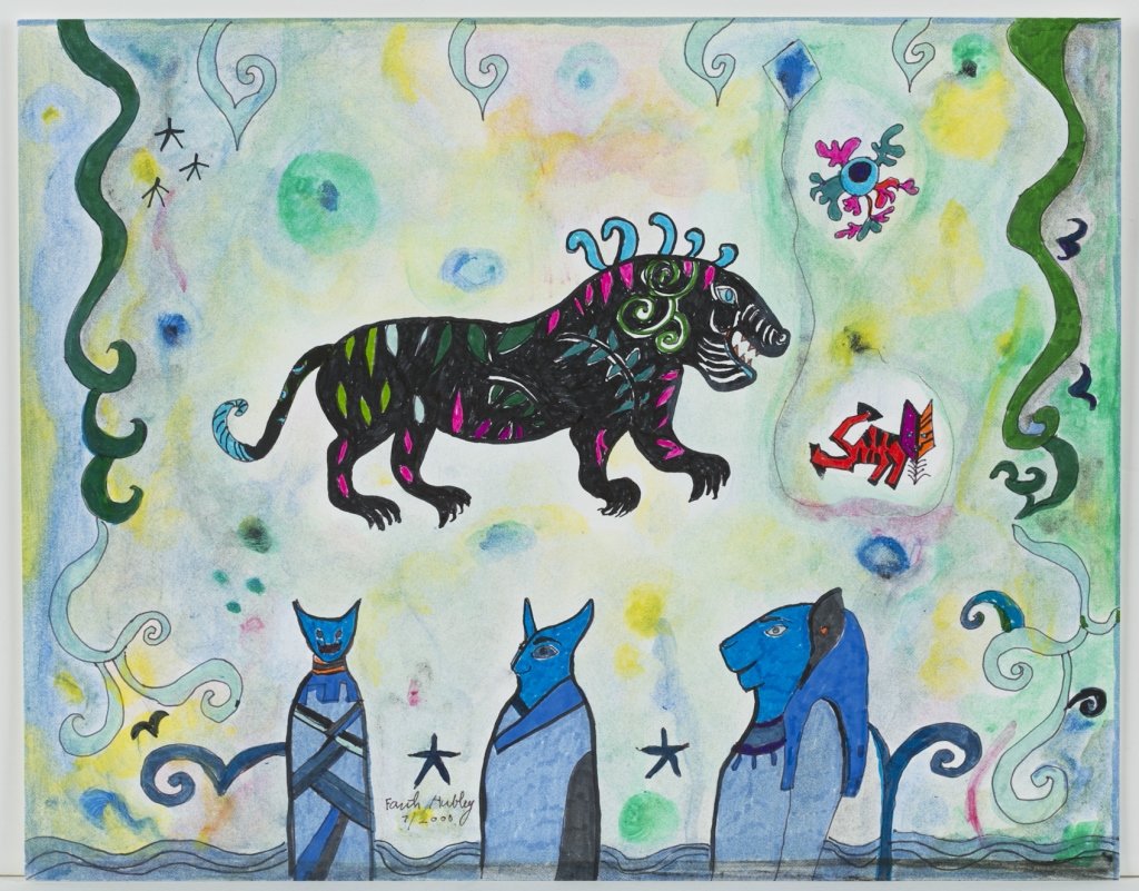 Faith Hubley (US/California, 1924-2001).: Untitled Egyptian cat totems artwork, July 2000. Mixed media on paper. 9" x 11 1/2". Hubley was an animator known for her experimental hand-drawn work both in collaboration with her husband John Huble