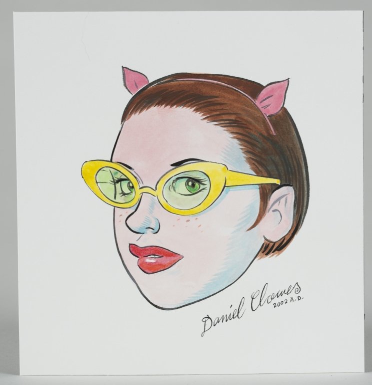 Daniel Clowes (US/Illinois, b. 1961).: 2002. Portrait of a woman wearing cat eyeglasses and cat ears. Ink on paper. Signed and dated l.r. 7 1/8" x 6 7/8".