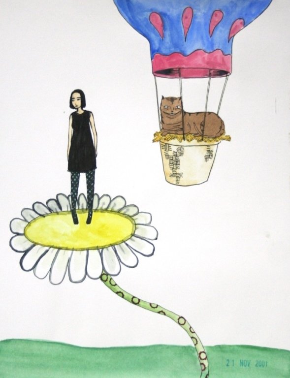 Marcel Dzama (Canada, b. 1974).: Untitled Cat in a Hot Air Balloon. Nov. 21, 2001. Mixed media on paper. Unsigned. 11" x 8 1/2".