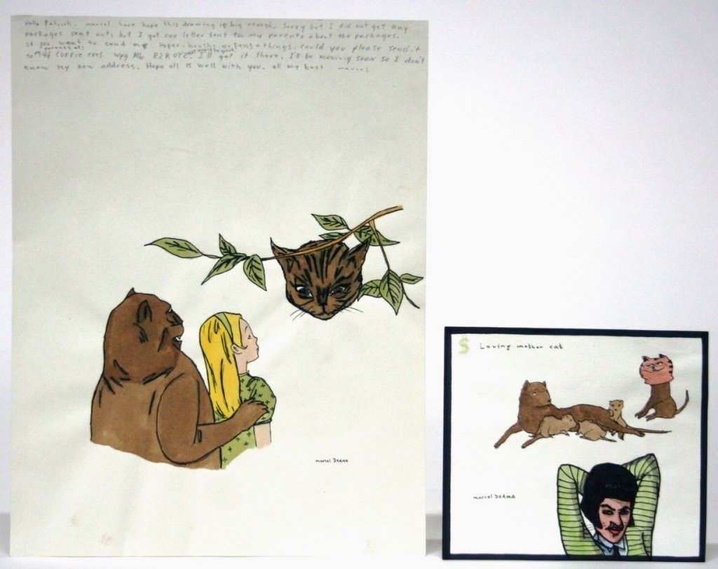 Marcel Dzama (Canada, b. 1974).: Untitled Alice in Wonderland theme. Accompanied with a handwritten note in pencil to Eddington. Mixed media on paper. Signed twice u.r. l.r. 11 5/8" x 9". ++ "Loving Mother Cat". Marker on paper. Sign