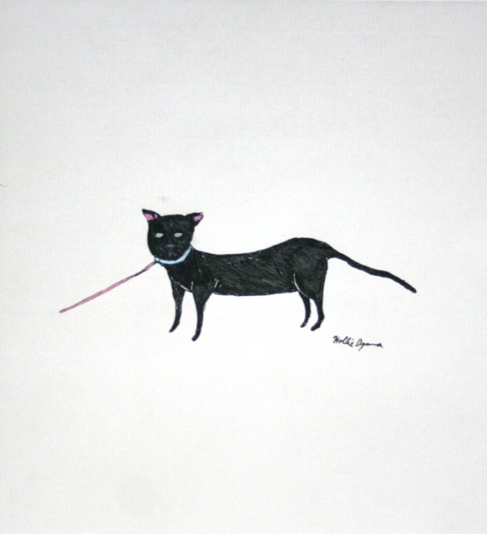 Hollie Dzama (Canada, 20th/21st c.).: Untitled Cat on a Leash. 2001. Ink on paper. Signed l.r. 8 1/2" x 7 7/8". Dzama was a member of the The Art Lodge.