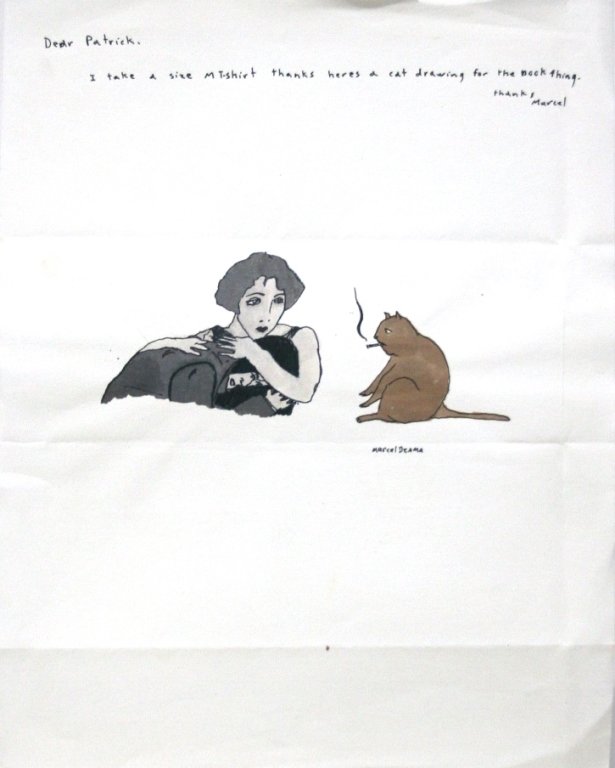 Marcel Dzama (Canada, b. 1974).: Untitled Cat Smoking. Includes a letter to Eddington regarding the cat project above drawing. Ink on paper. Signed twice u.r. and l.r. 12 1/2" x 9 3/4".
