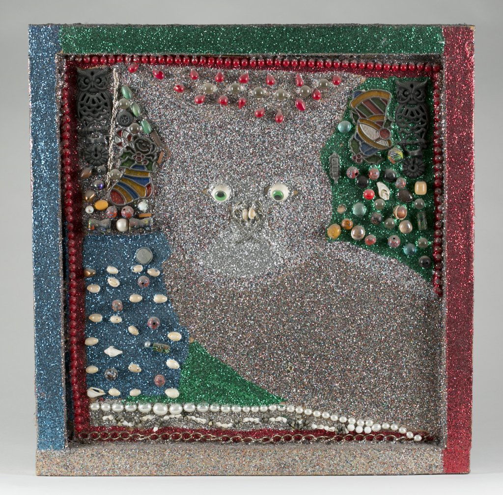 Simon Sparrow (US/Wisconsin, 1925-2000).: Beaded assemblage of wood, shells, beads, glitter, and other materials of a cat. Nov. 1993. Signed on reverse. 23 4/1" x 22 1/2". To include research done by Eddington and a postcard from the 1995 exh