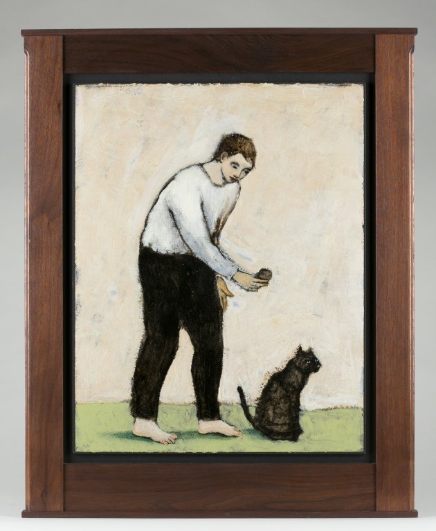 Brian Kershisnik (Utah/Oklahoma, b. 1962).: "Cat Gift." 2002. Scene of a man and his cat. Oil on masonite. Signed l.r. and on reverse. 25" x 20 1/3."