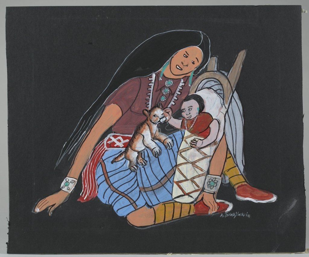 Andrew Van Tsihnahjinnie (Arizona, 1916 - 2000).: Scene of a Native American mother and child with a lion cub. Acrylic on black poster board. Signed l.r. Unframed. 15 3/4" x 19". ++ Scene of a Native American mother and child with mountain lion cubs.