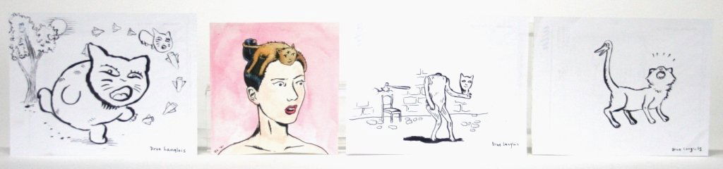 Drue Langlois (Canada, b. 1972).: Warmth in the Cold Apartment". 2001. Watercolor and ink on paper. Initialed l.l. 4" x 3 3/4". ++ Untitled Cat. 2001. Watercolor on paper. Signed l.r. 4 1/4" x 5 1/2". ++ Untitled decapitated cat. 2001