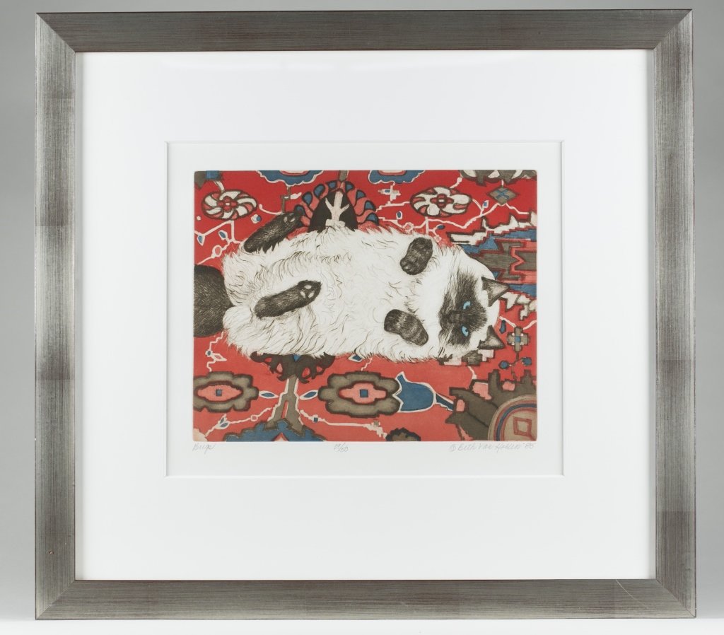 Beth Van Hoesen (United States, 1926-2010).: "Bugs". 1985. Etching. Edition 29/50. Signed l.r. Framed and matted under glass. Frame: 23 1/4" x 25 3/4".