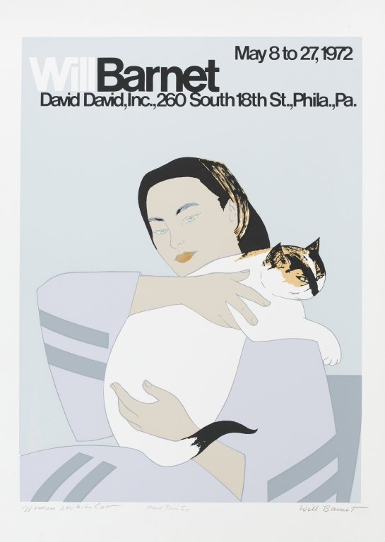Will Barnet (US/New York, 1911-2012): "Woman & White Cat," c. 1972. Hand painted original poster used for David David, Inc. In pencil, tiltled l.l.; Hand Painted l.m.; signed l.r. 25" x 18".
