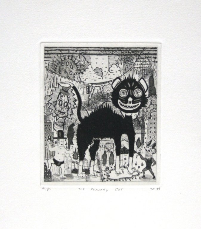 Tony Fitpatrick (US/Illinois, b. 1958).: "The Foundry Cat". 1999. Pop art etching, Artist Proof. Initialed l.r. 10" x 9". With original envelope mailed from the artist to Eddington.