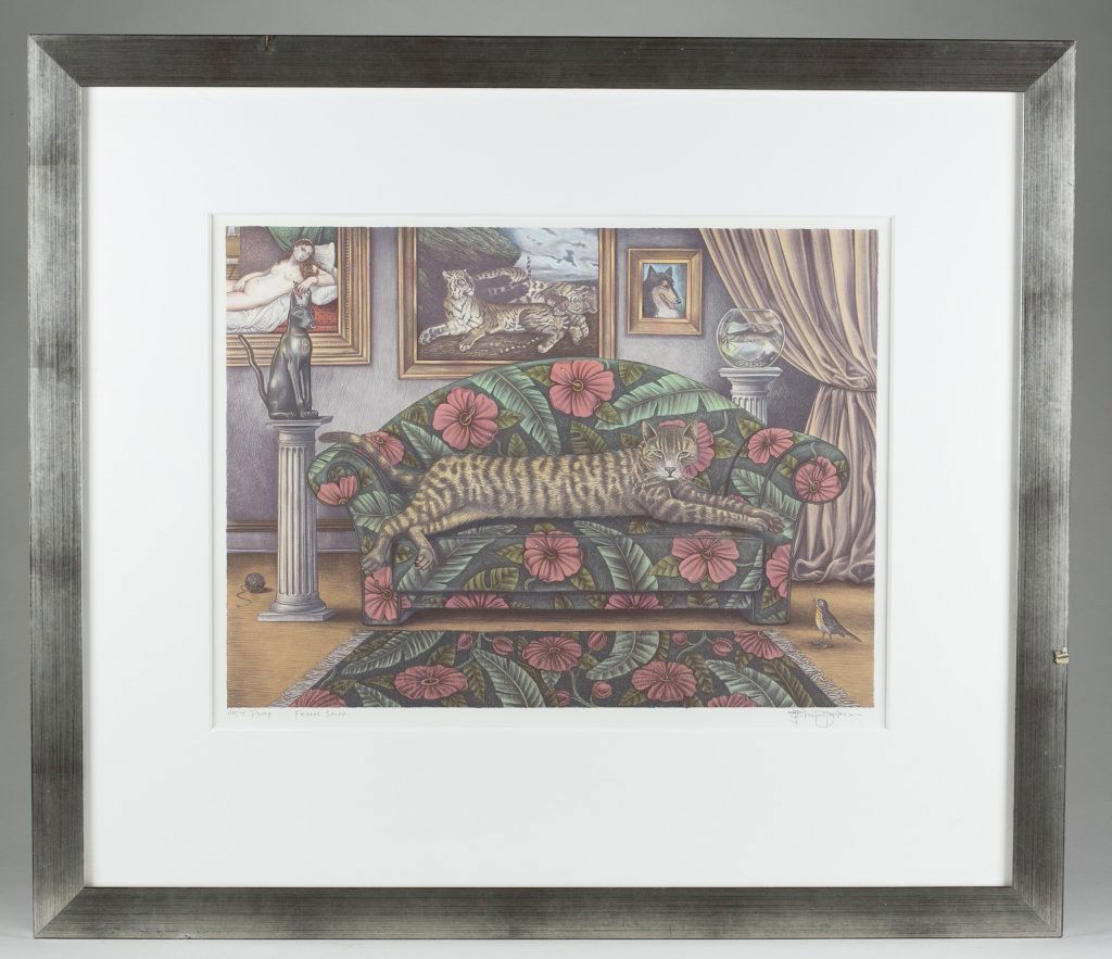 Monte Dolack (US/Montana, b. 1950).: "Frieda's Salon," Artist's Proof hand colored lithograph. Signed l.r. Sight: 15 1/2" x 20 1/2"; frame: 27 1/4" x 31 1/4".